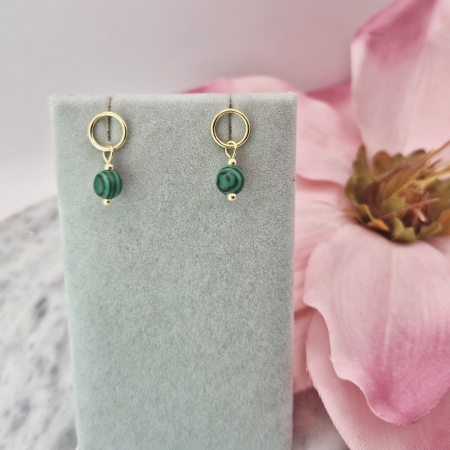 KOLCZYKI SREBRNE ZŁOCONE KAMIEŃ NATURALNY MALACHIT SREBRO 925